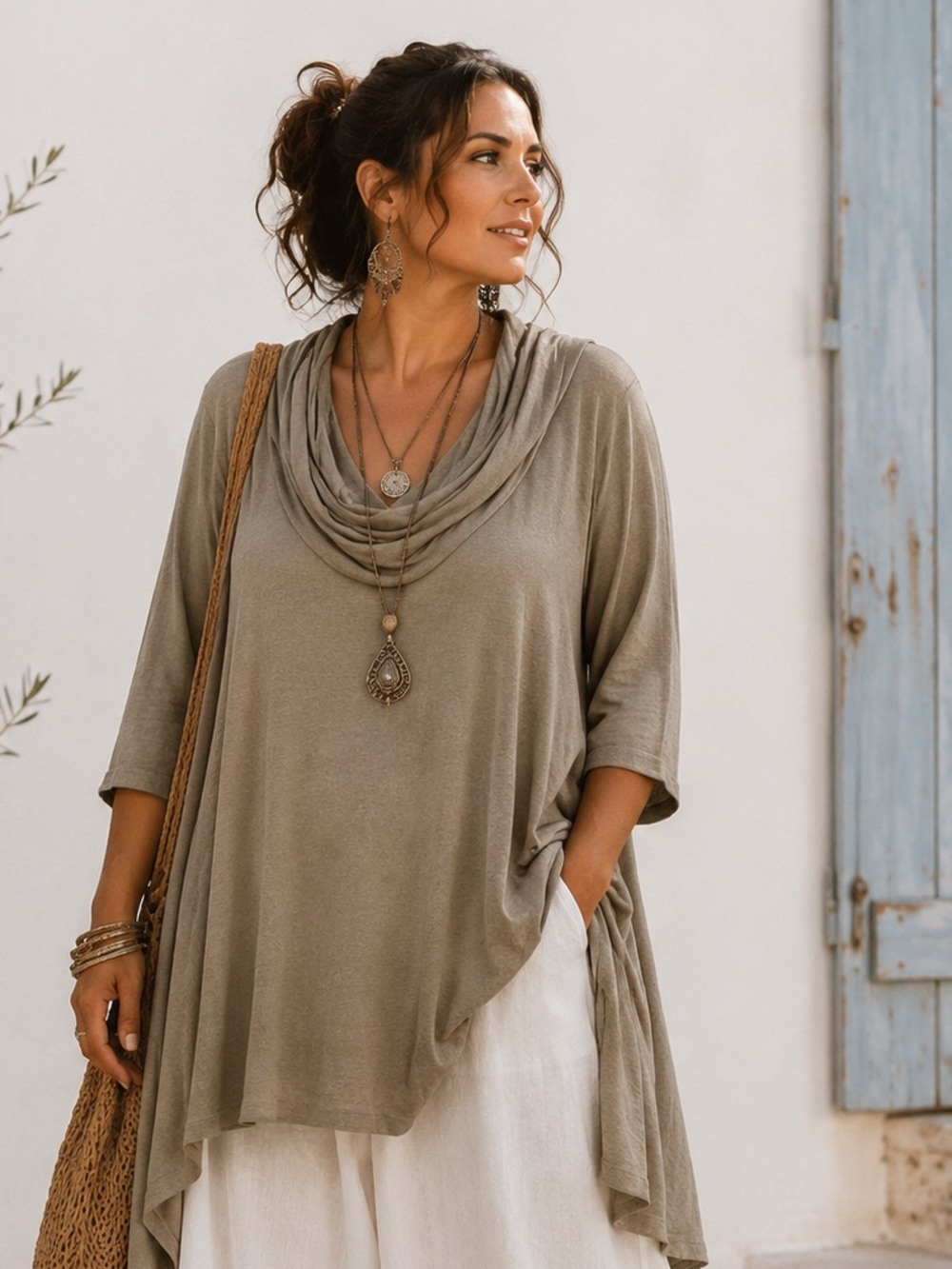 Bryn Walker Taupe Asymmetrical Tunic Large Lagenlook Minimalist Boho Resort